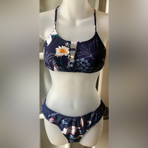 Cupshe Swim Cupshe Womens Two Piece Navy Blue Floral Bikini With White Trim Poshmark